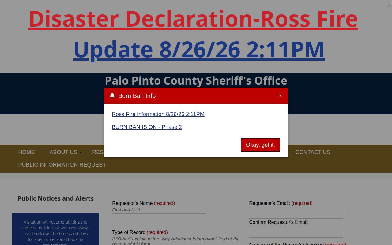 Palo Pinto County booking record request form