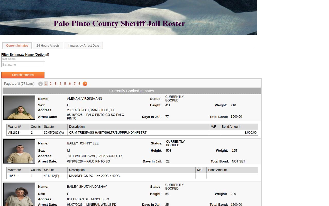 Palo Pinto County current inmate roster booking lookup